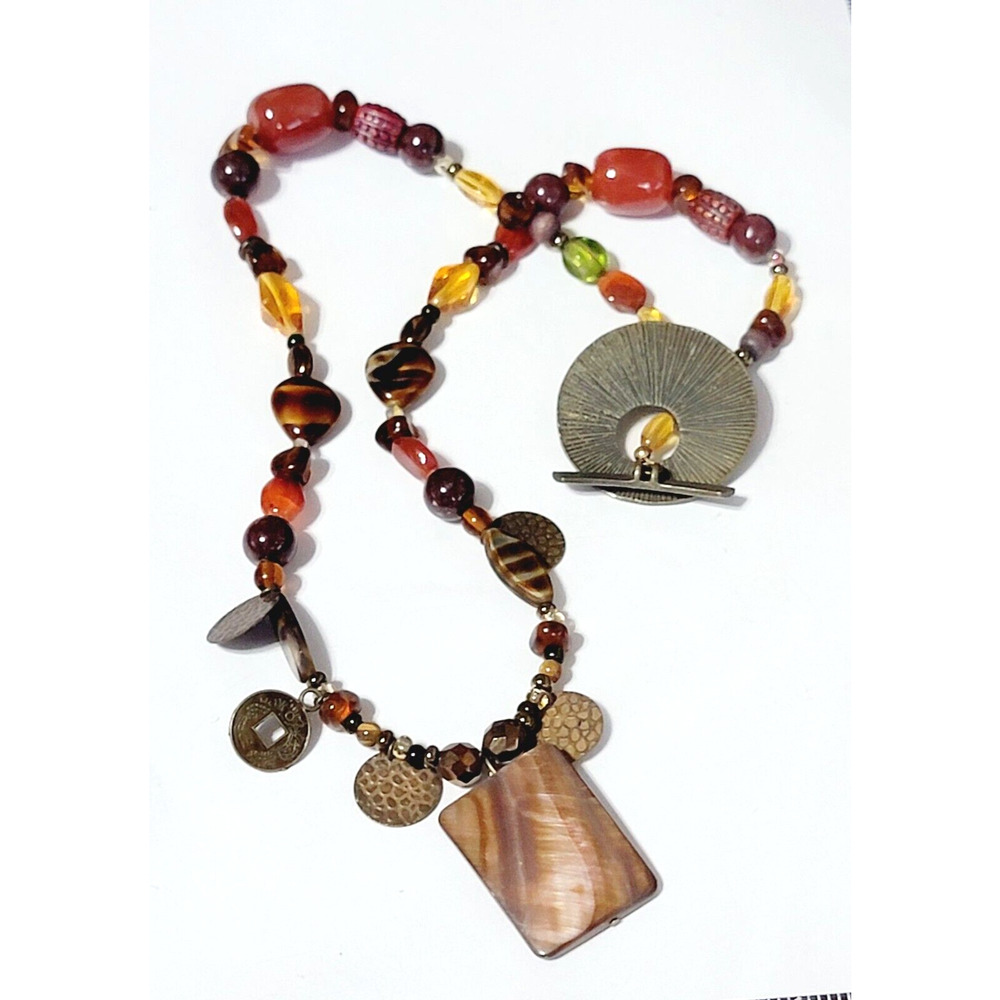 Modern Boho Beaded Necklace Lucite Glass Shell, Red, orange,green brown rd03-22‎